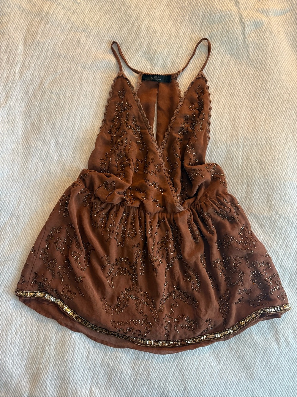 BKE Brown Beaded V-Neck Spaghetti Strap Tank